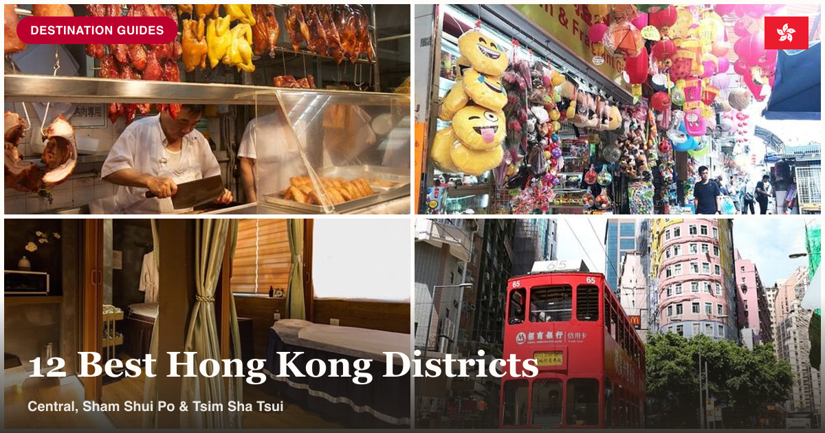Central food tour, Sham Shui Po neighborhood, Tsim Sha Tsui massage, and tram tour collage