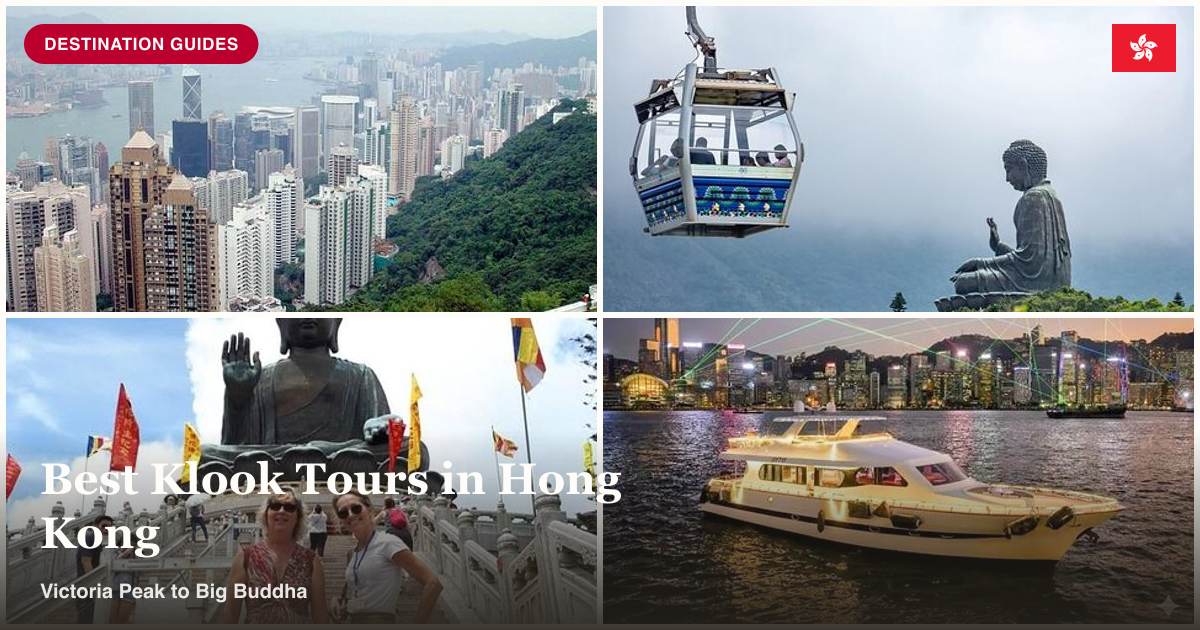 Victoria Peak skyline, Ngong Ping cable car with Big Buddha, and Victoria Harbour yacht collage