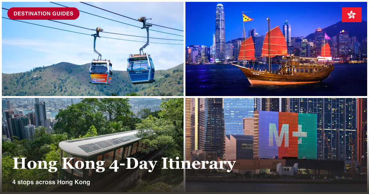 Ngong Ping cable car, Aqua Luna junk boat, Peak Tram, and M+ Museum collage