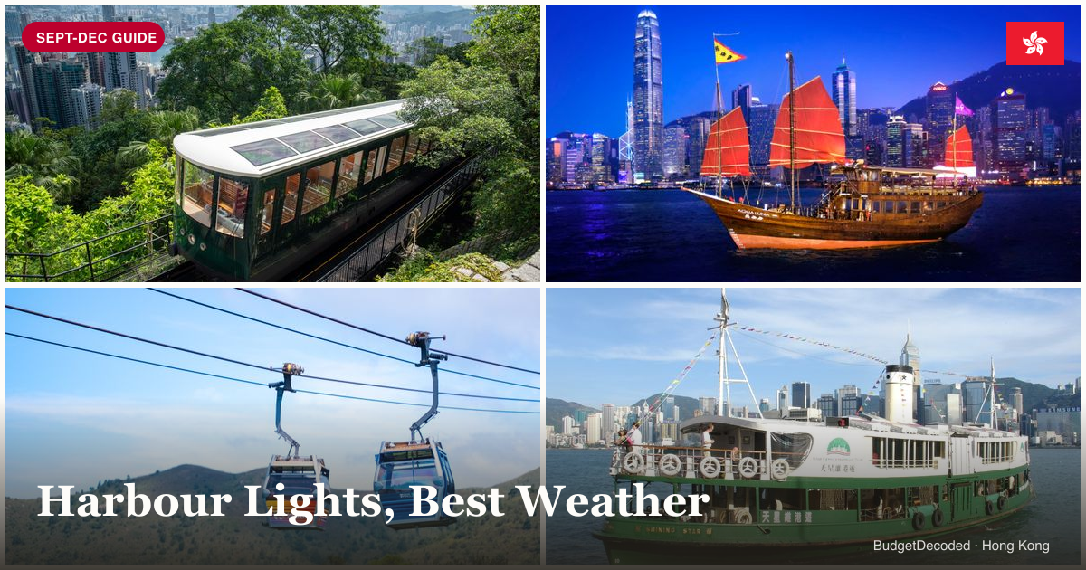 Collage of Hong Kong Sept-Dec activities: Victoria Peak skyline, Aqua Luna junk boat at sunset, Ngong Ping cable car, and Star Ferry on the harbour