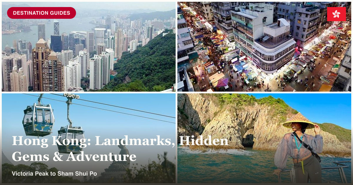 Victoria Peak, Sham Shui Po neighborhood tour, Lantau cable car, and Double Sea Arches yacht cruise collage