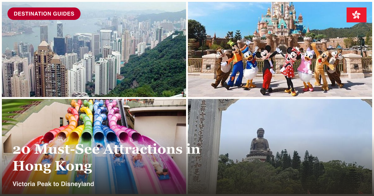 Victoria Peak, Hong Kong Disneyland, Water World Ocean Park, and Tian Tan Big Buddha collage