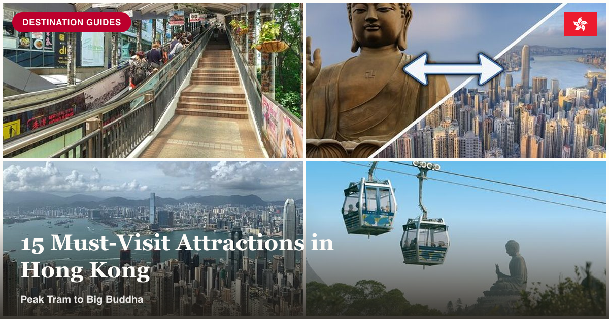 Peak Tram dim sum tour, Tian Tan Buddha transfer, Peak Tram and Star Ferry tour, and Lantau cable car collage