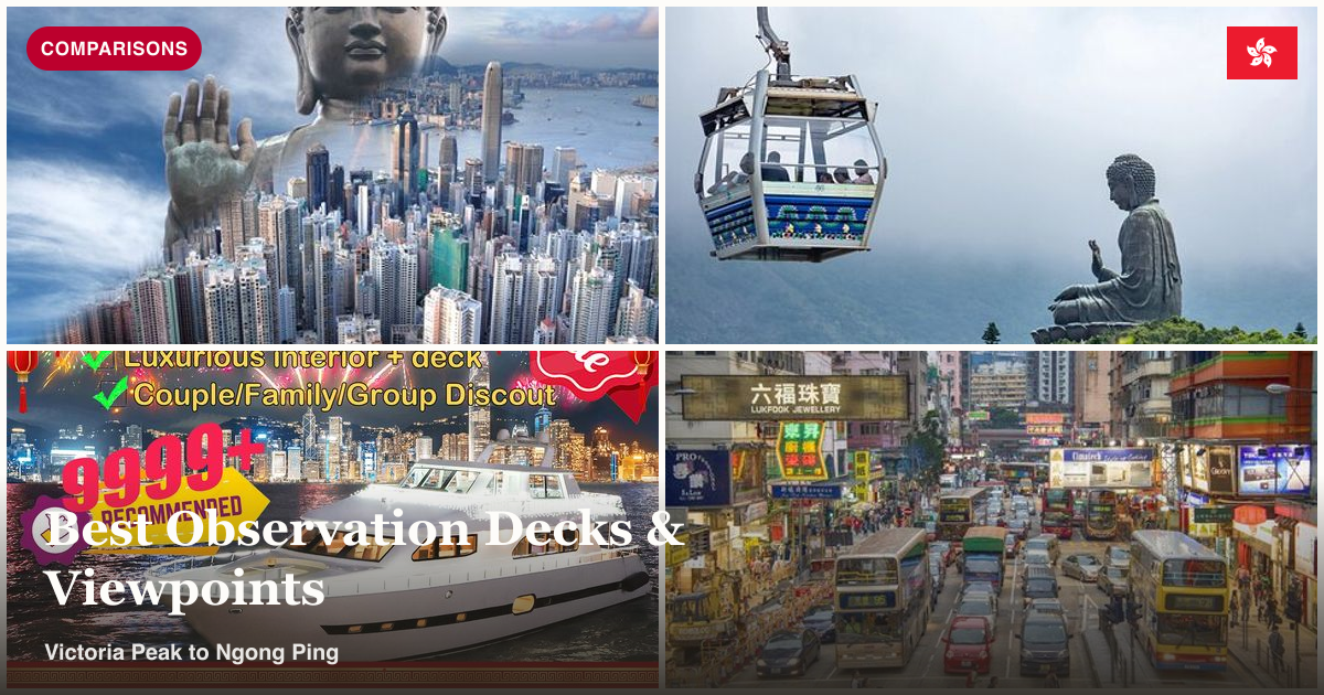Victoria Peak, Ngong Ping cable car, Victoria Harbour skyline cruise, and Zen Gardens to Peak tour collage