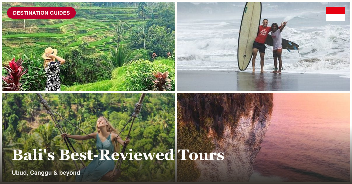 Ubud all-inclusive private tour, Canggu surf lesson, rice terrace jungle swing, and Uluwatu Instagram tour collage