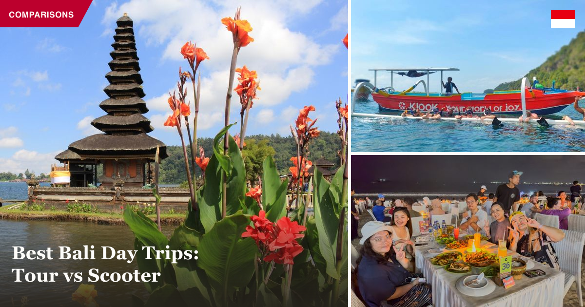 Tanah Lot day trip, Blue Lagoon snorkeling, and Jimbaran sunset seafood collage