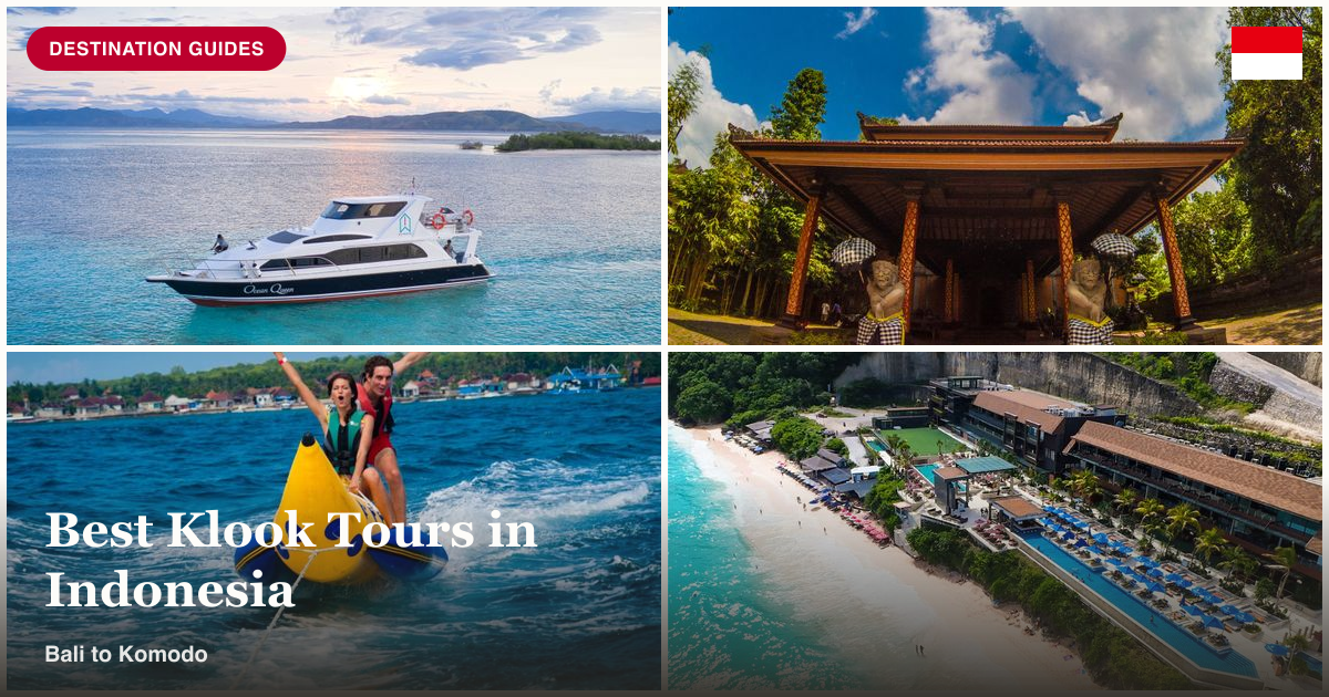 Komodo speedboat tour, Ubud museum, Nusa Lembongan reef cruise, and beach club collage