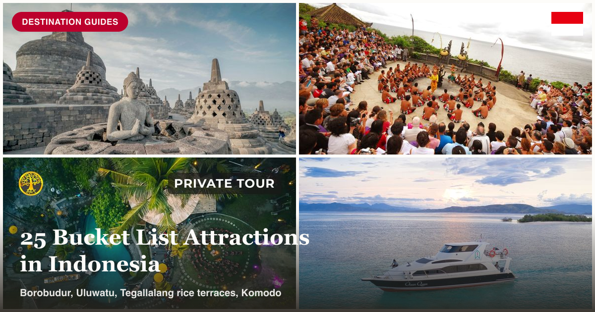 Borobudur Temple, Uluwatu Kecak dance, Tegallalang rice terrace, and Komodo speedboat collage