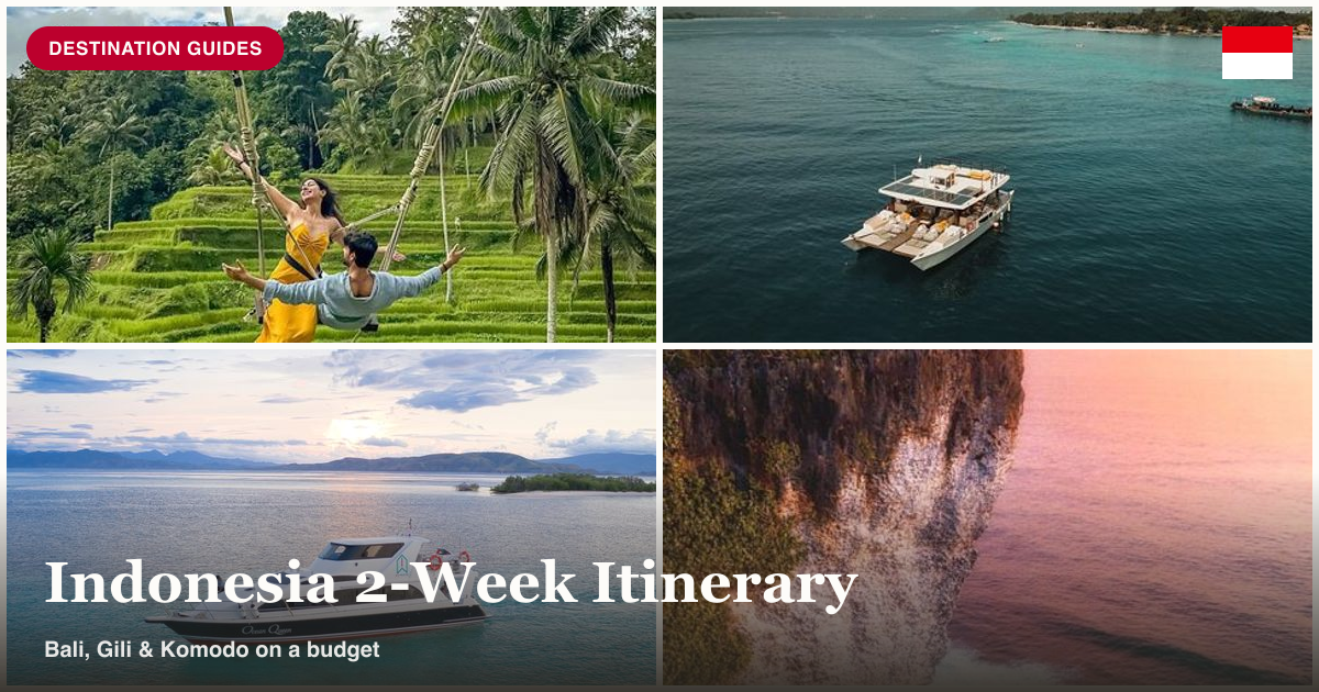 Ubud rice terrace swing, Gili Islands snorkel tour, Komodo speedboat, and Uluwatu tour collage