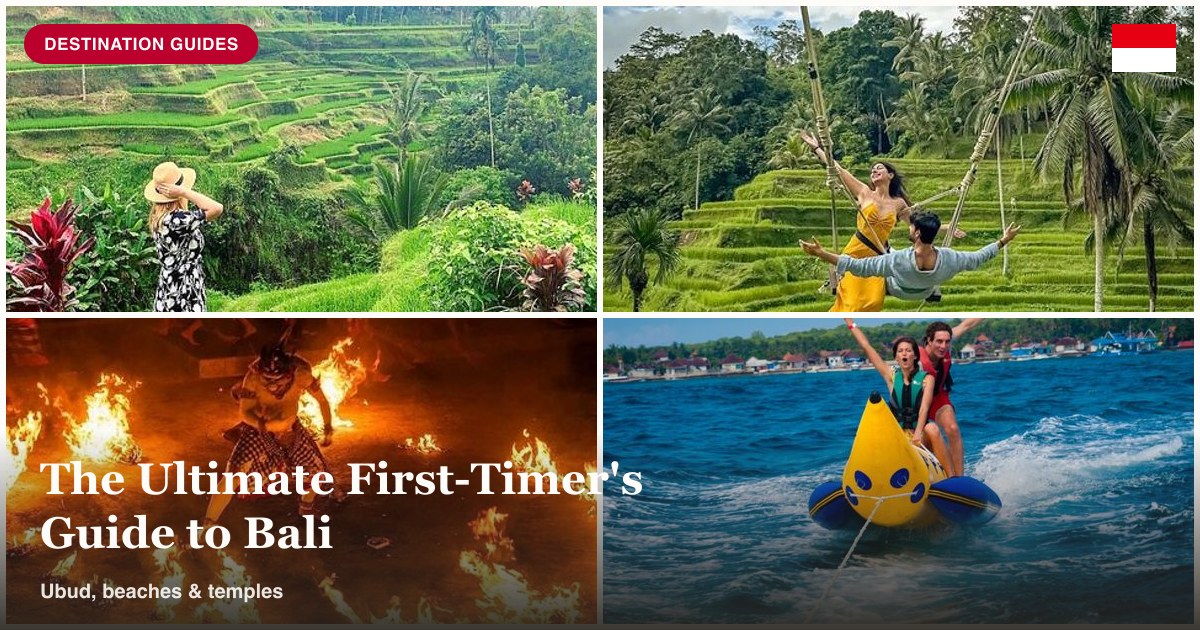 Ubud tour, rice terrace jungle swing, Kecak Fire Dance at Uluwatu, and reef cruise snorkeling collage