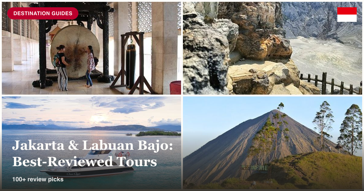 Jakarta private city tour, volcano crater tour, Komodo speedboat, and Flores adventure tour collage