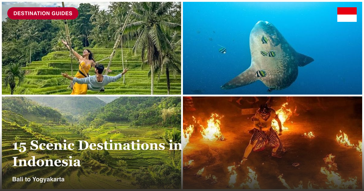 Bali rice terrace jungle swing, sunfish diving, Yogyakarta rice terraces, and Kecak Fire Dance collage