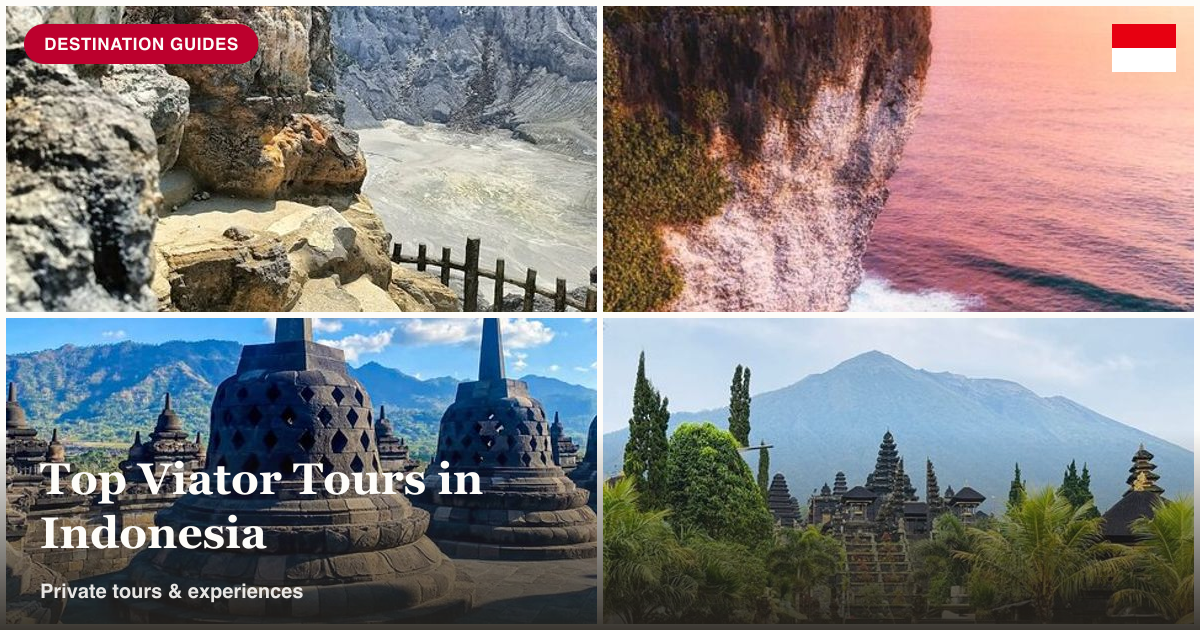 Jakarta volcano tour, Uluwatu Instagram tour, Borobudur heritage tour, and Besakih Temple tour collage