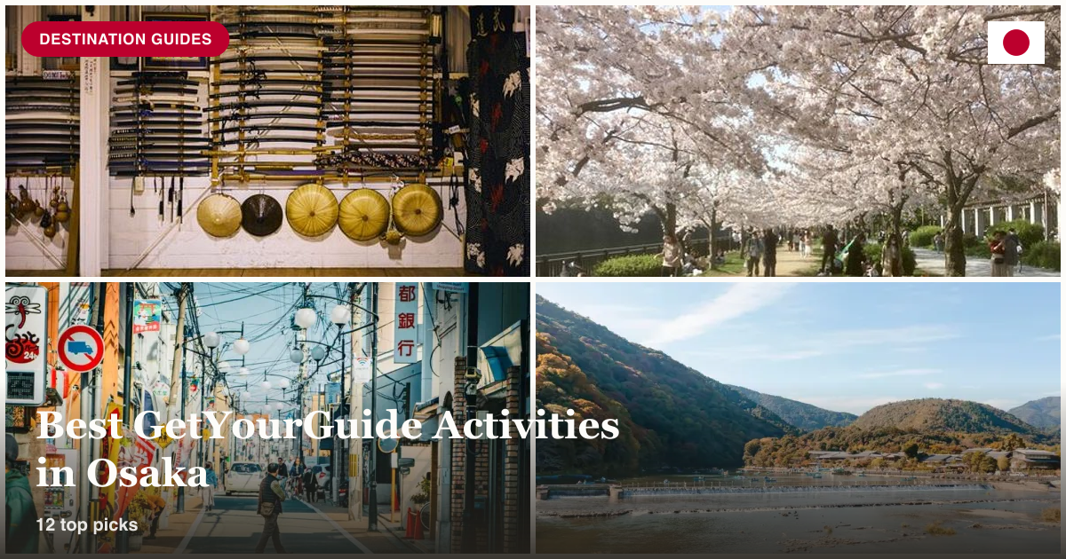 Samurai training experience, cherry blossom park, Osaka street, and Arashiyama river collage