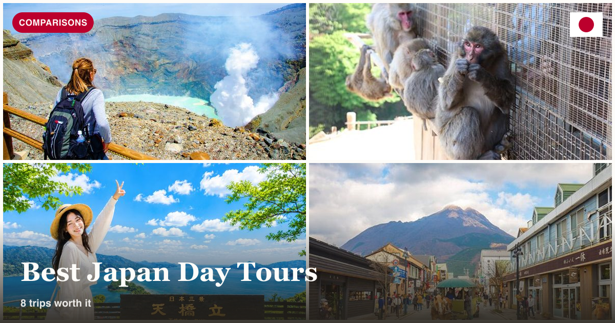 Mt. Aso, Arashiyama bamboo tour, Amanohashidate boat trip, and Beppu Yufuin tour collage