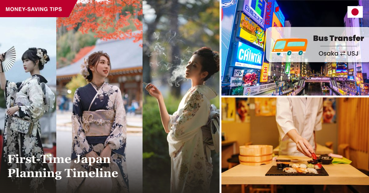 Kiyomizu-dera kimono photo, Osaka Dotonbori bus, and Tokyo sushi-making class collage