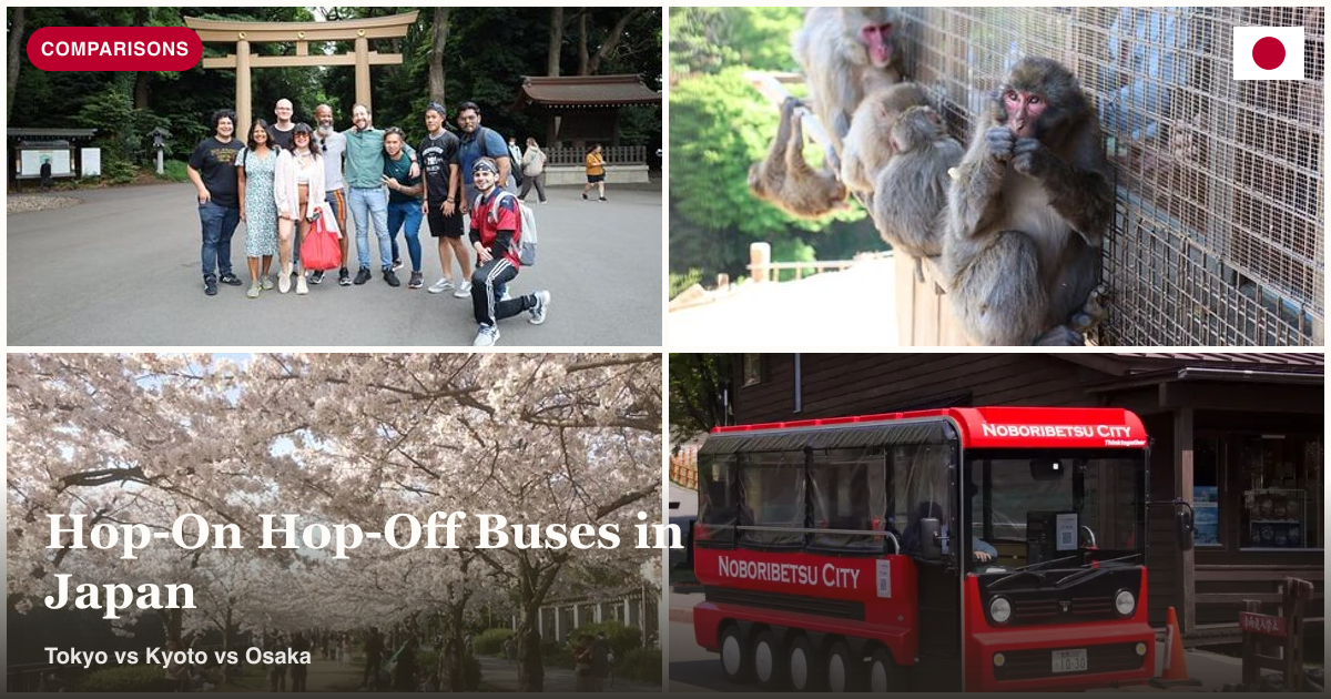 Tokyo group tour, Arashiyama morning tour, and Osaka private tour collage