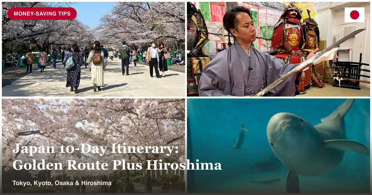 Tokyo cherry blossom walk, Kyoto katana shopping, Osaka private tour, and Miyajima Aquarium collage