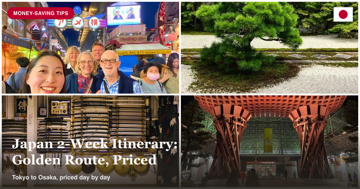Tokyo Ueno food tour, Kyoto Zen garden, Osaka samurai training, and Kanazawa private tour collage