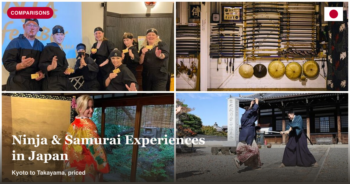 Ninja experience in Takayama, samurai kendo training, tea ceremony, and samurai movie star photoshoot collage