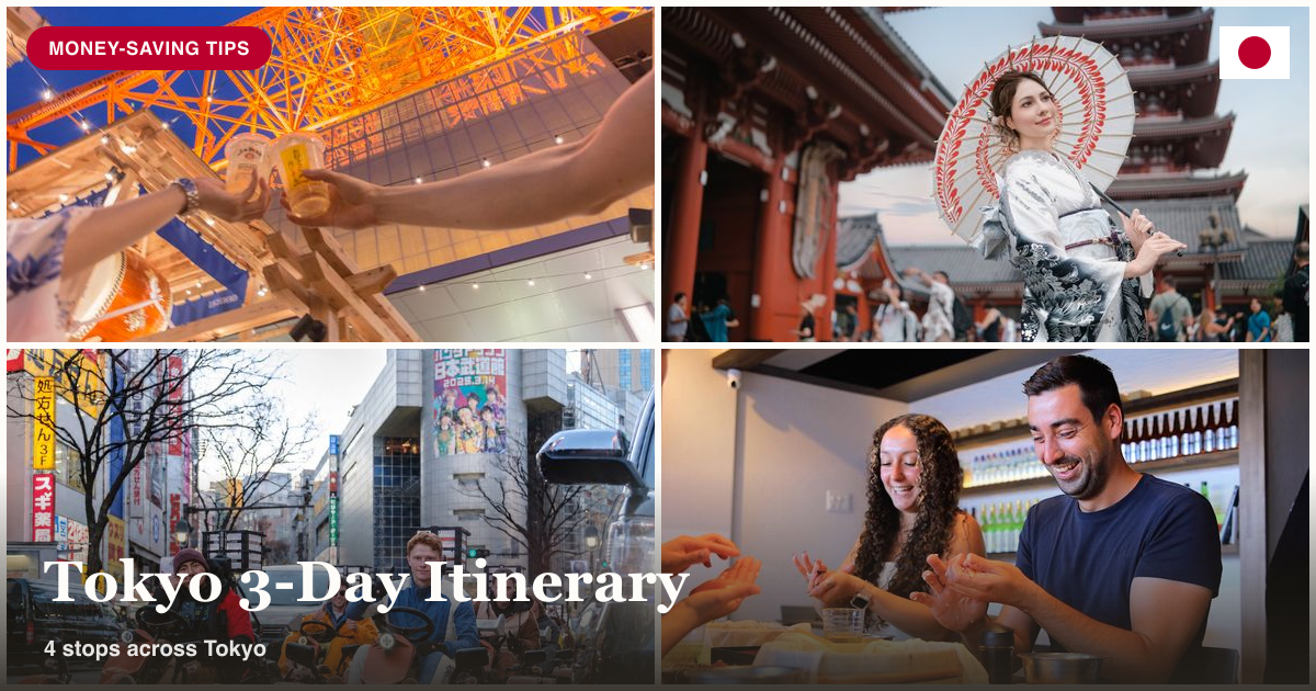 Tokyo Tower, Asakusa kimono, go-kart tour, and sushi-making class collage