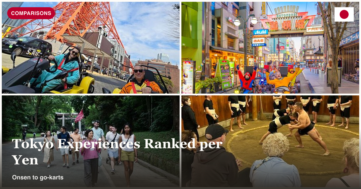 Go karting Tokyo, Osaka go kart, Harajuku Meiji Shrine walk, and sumo experience collage