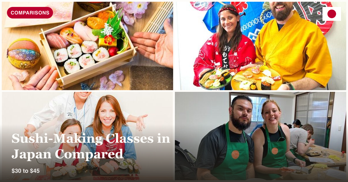 Tsukiji Fish Market sushi making, Nara luxury sushi course, kid-friendly sushi class, and Dotonbori sushi class collage