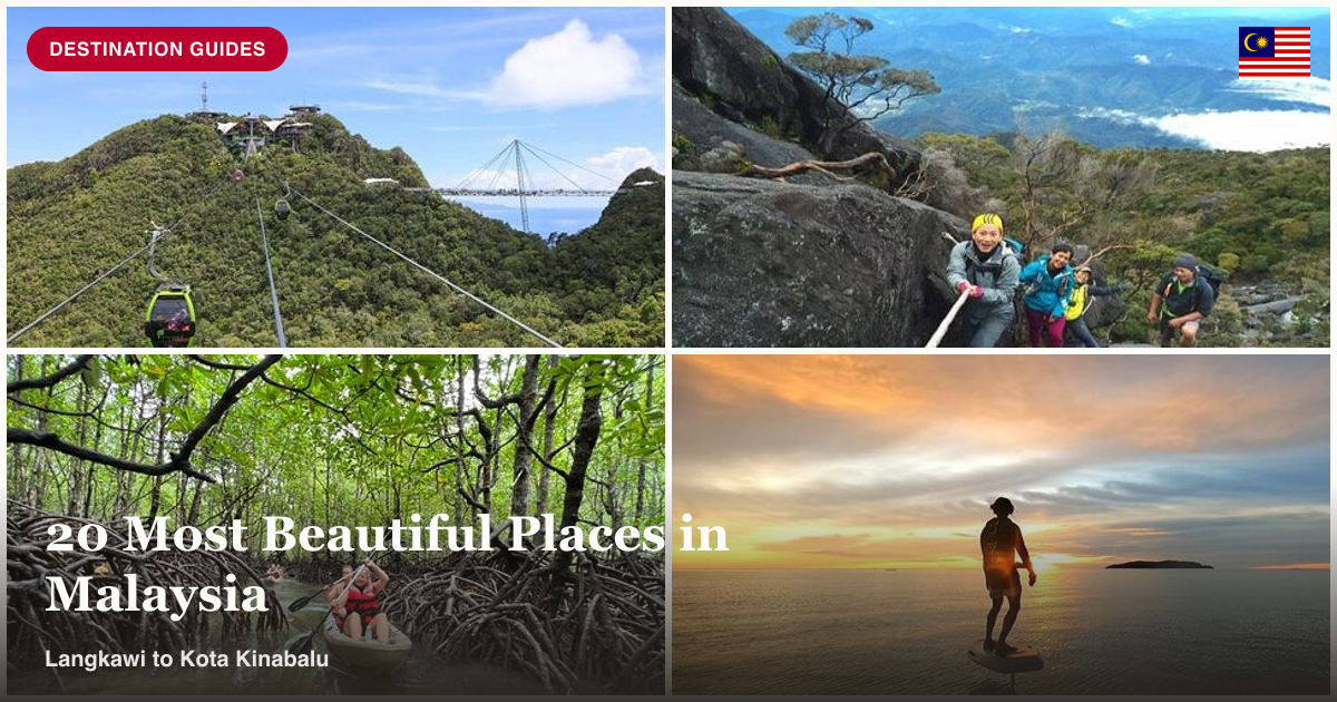 Langkawi Sky Bridge, Mount Kinabalu climb, mangrove kayaking, and Tanjung Aru sunset E-Foil collage