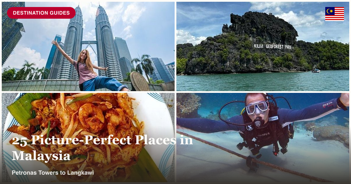 Petronas Twin Tower, Langkawi highlights tour, George Town heritage lunch, and Kota Kinabalu dive collage