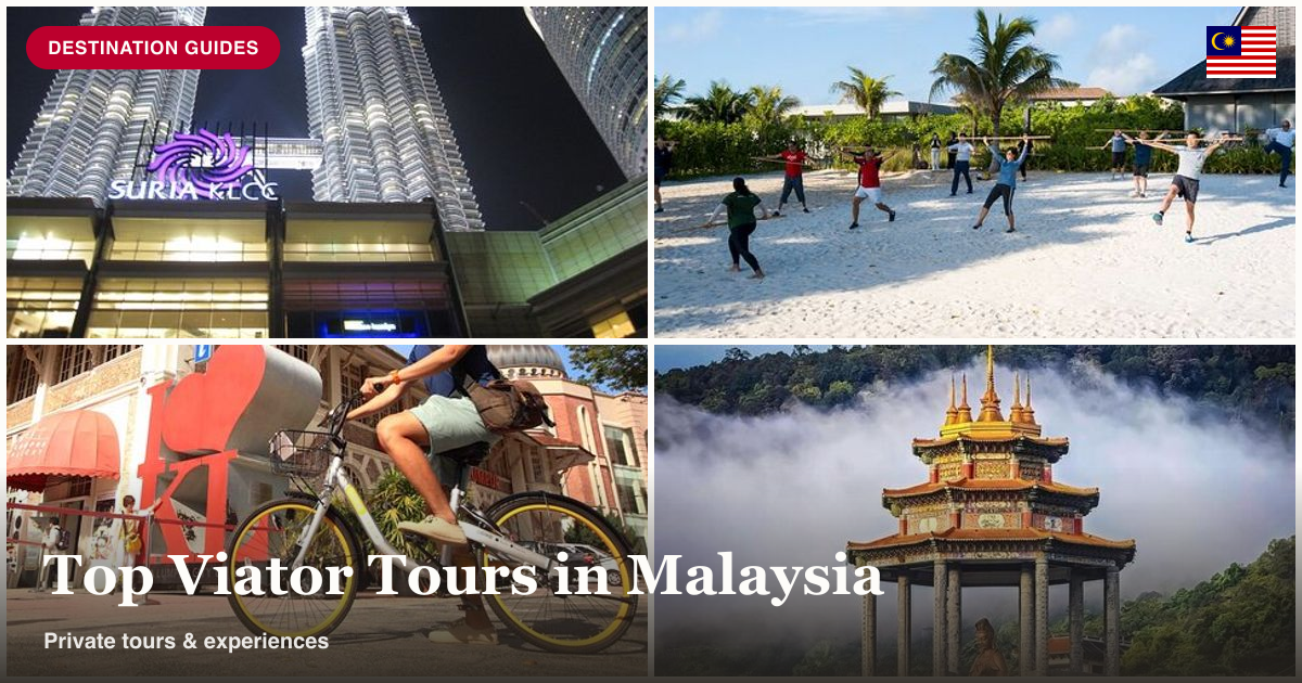 Malaysia countryside Batu Caves tour, Desaru sunrise beach walk, KL cycling tour, and Penang private tour collage