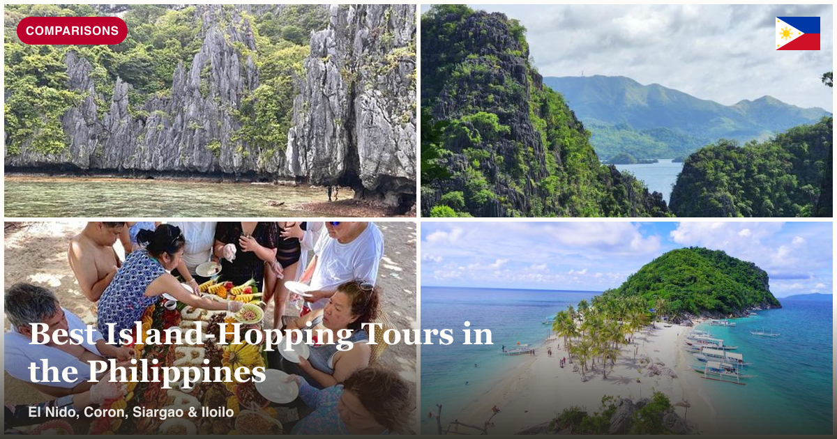 El Nido island hopping, Coron shipwreck tour, Siargao tri-island tour, and Gigantes Islands collage