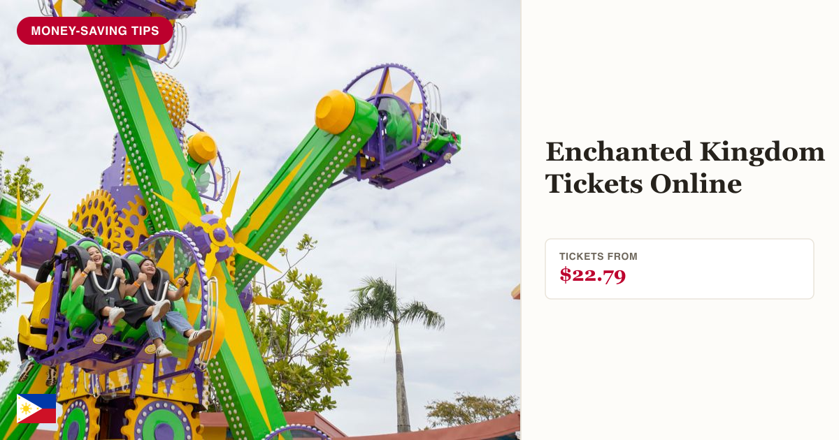 Enchanted Kingdom ride with ticket price panel showing tickets from $22.79