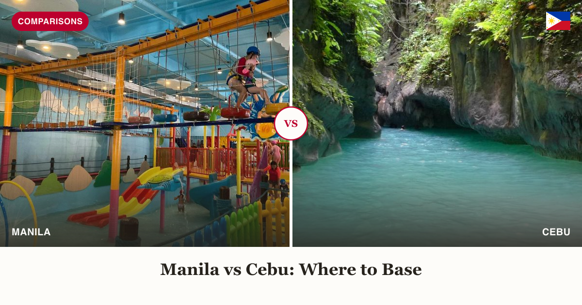 Manila indoor adventure park vs Cebu's Kawasan Falls canyon split comparison image