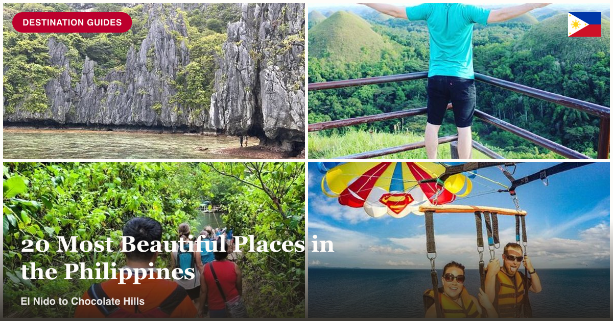 El Nido limestone cliffs, Chocolate Hills viewpoint, Underground River trek, and Boracay parasailing collage