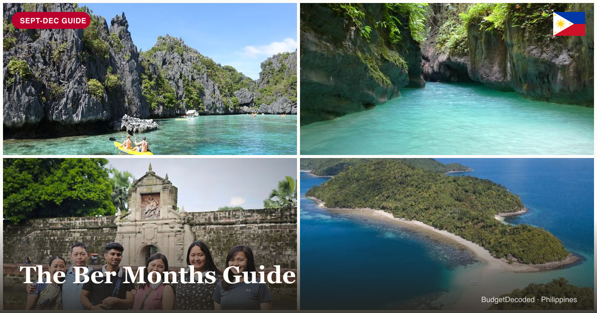 Collage of Philippines Sept-Dec activities: El Nido lagoon island-hopping, Moalboal canyoneering, Intramuros walking tour, and Port Barton snorkeling