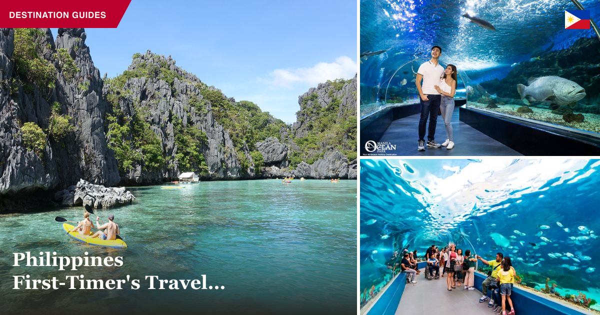 El Nido kayaking, Manila Ocean Park, and Cebu Ocean Park collage representing a first-timer Philippines route