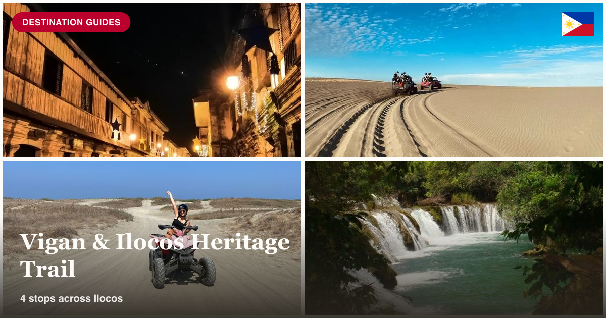 Vigan heritage street at night, sand dune 4x4 rides, ATV, and Pagudpud waterfall collage