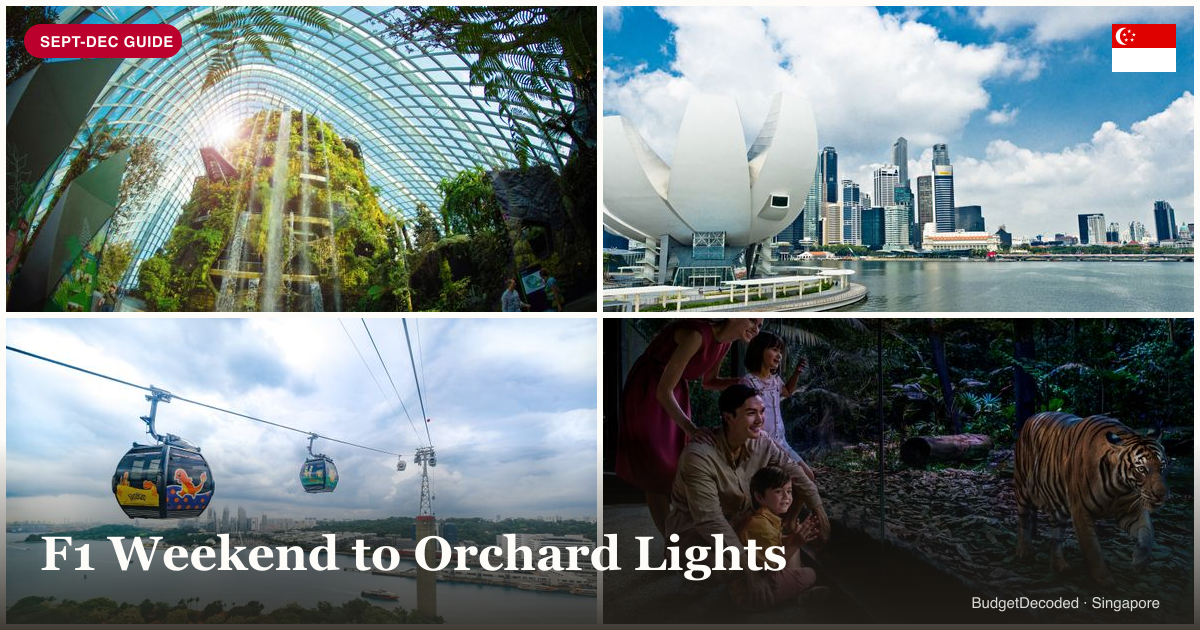 Collage of Singapore Sept-Dec activities: Gardens by the Bay Supertrees, ArtScience Museum at Marina Bay Sands, the Sentosa cable car, and Mandai Night Safari