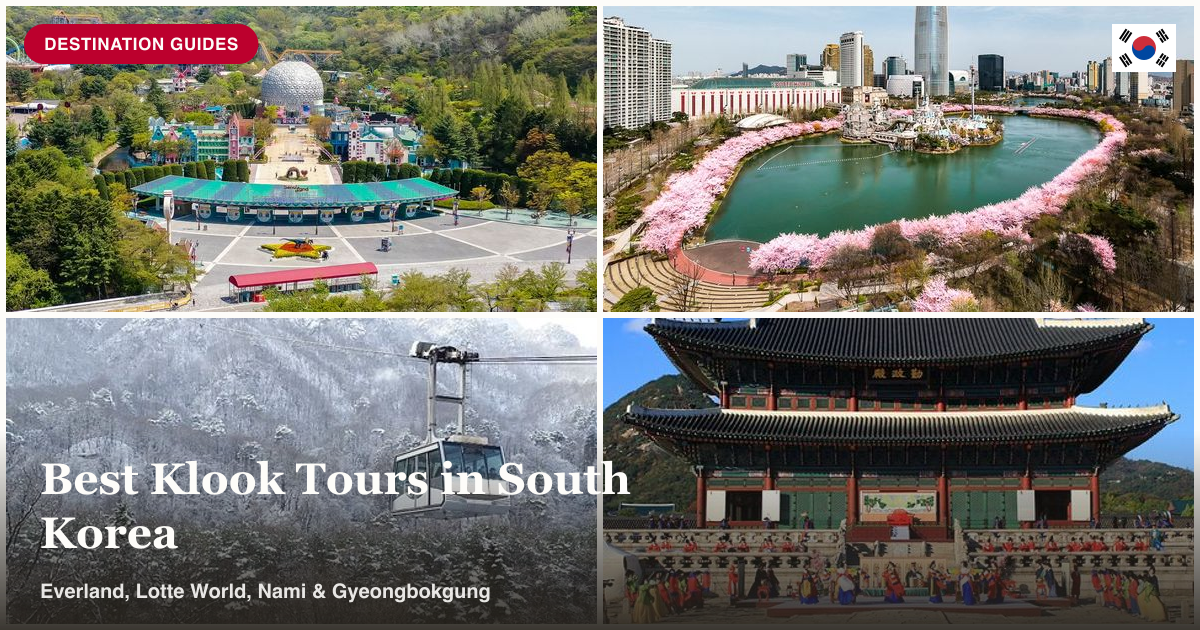 Seoul Land, Lotte World Tower, Nami Island cable car, and Gyeongbokgung Palace collage