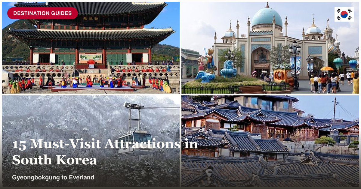 Gyeongbokgung Palace, Everland, Nami Island, and Bukchon Hanok Village collage