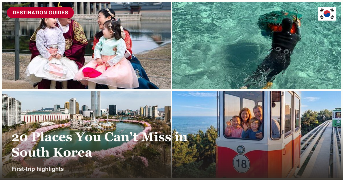 Gyeongbokgung Palace, Jeju healing island tour, Lotte World, and Busan sky capsule collage