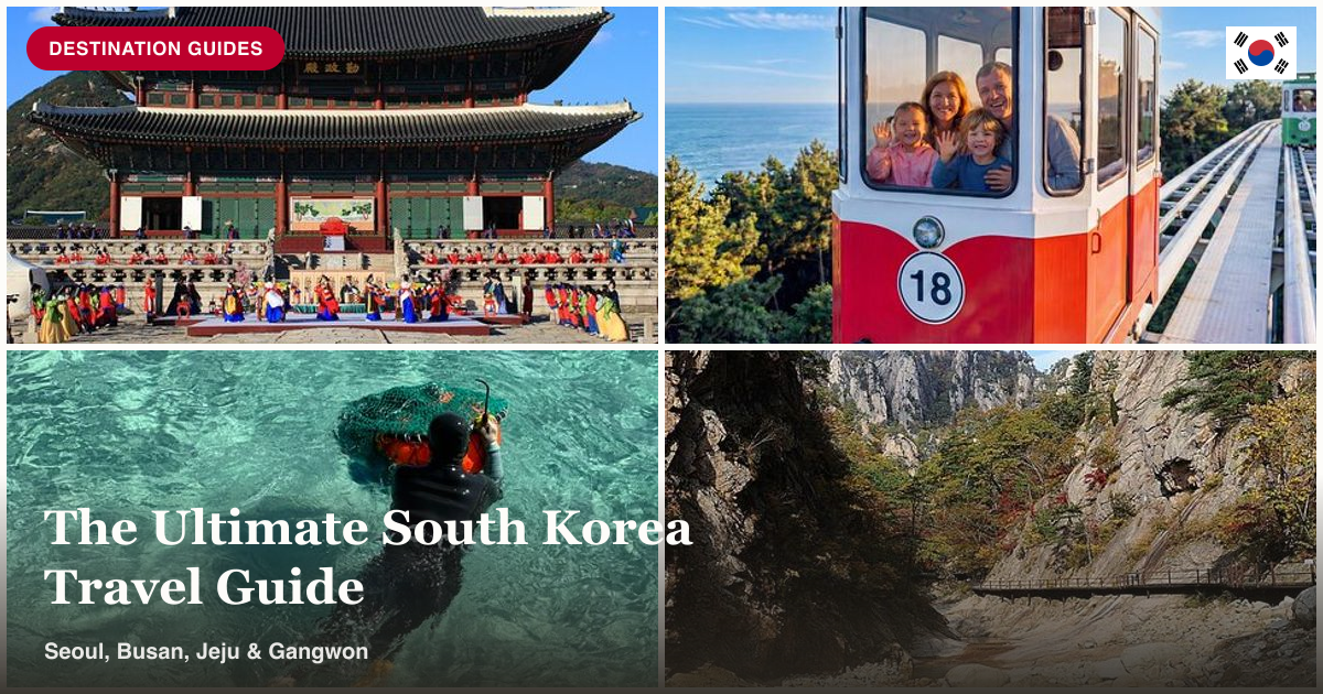 Gyeongbokgung Palace, Busan sky capsule, Jeju healing tour, and Seoraksan collage