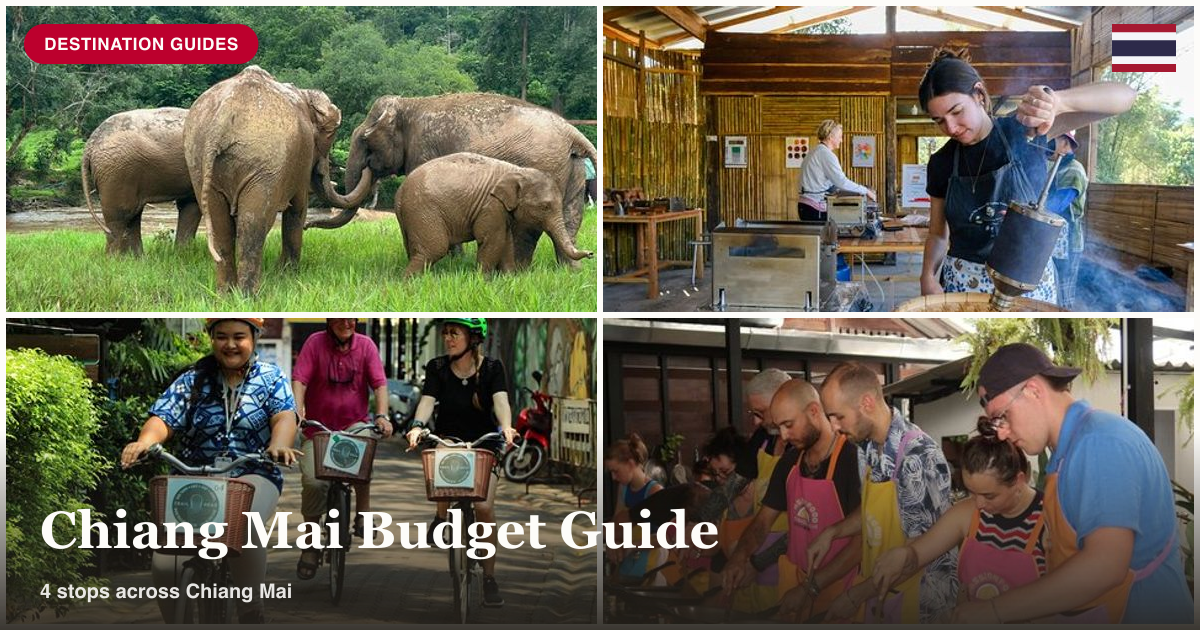 Elephant sanctuary rafting, hilltribe coffee trek, city bike tour, and cooking class collage