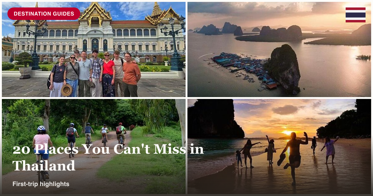 Grand Palace, James Bond Island, White Temple, and Krabi islands collage