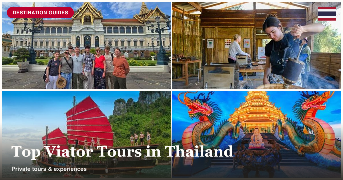 Grand Palace tour, hilltribe coffee trek, Krabi cruise, and Chiang Rai night market collage