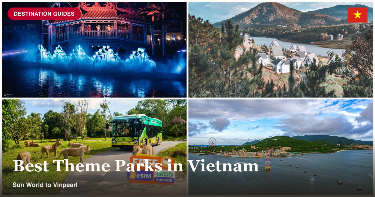 Hoi An Impression Theme Park, Dalat Wonderland, Nha Trang cable car, and Vinpearl collage