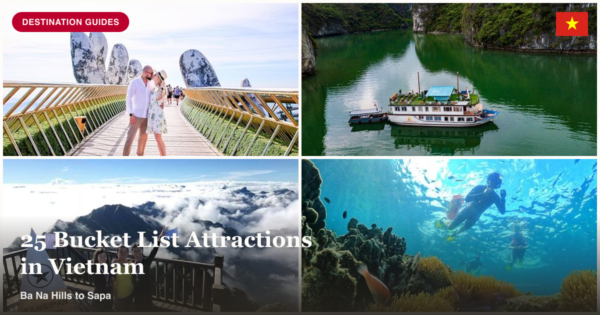 Golden Bridge, Ha Long Bay, Fansipan trekking, and Phu Quoc speedboat collage