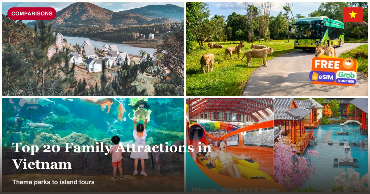 Dalat Wonderland, Nha Trang cable car, Vinpearl aquarium, and Mikazuki Water Park collage