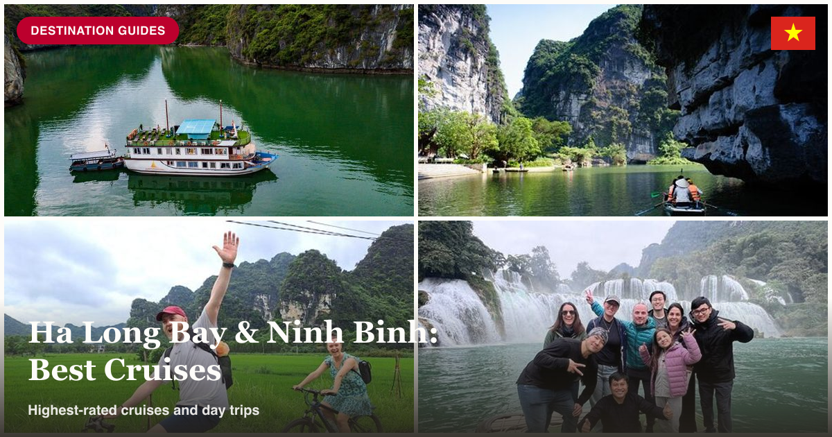 Ha Long Bay cruise ship, Trang An boat ride, Ninh Binh countryside, and Ban Gioc Waterfall collage