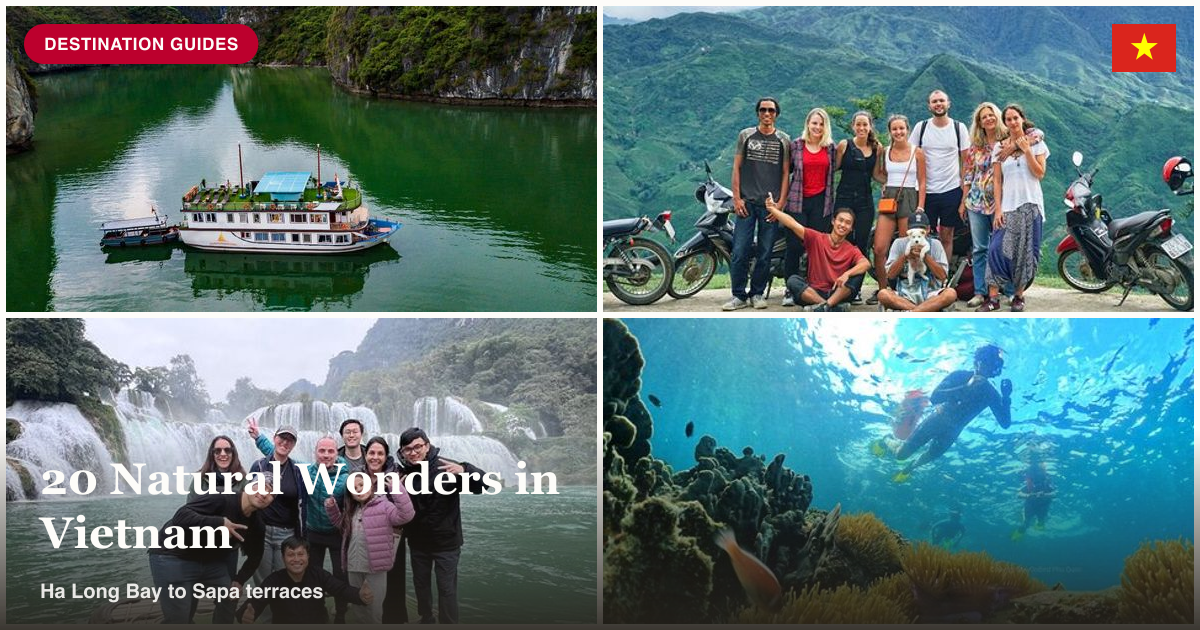 Ha Long Bay, Sapa rice terraces, Ban Gioc Waterfall, and Phu Quoc island collage